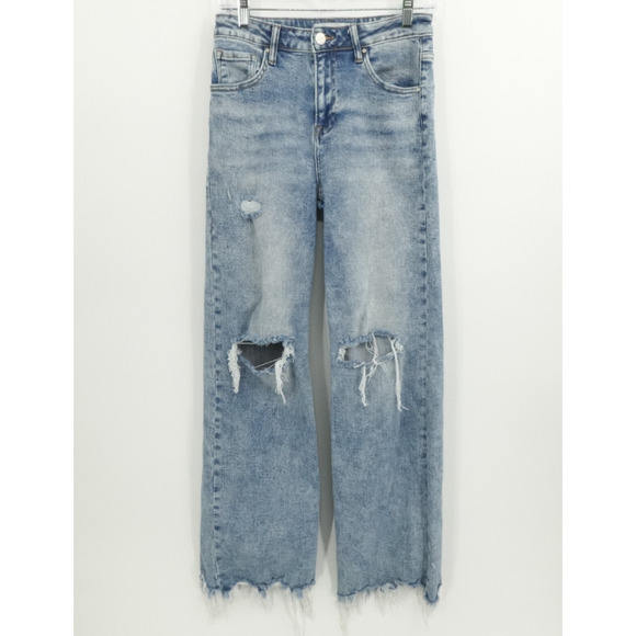 Risen Jeans Denim - Risen Jeans Womens 7 Blue High Rise Wide Leg Light Wash Distressed Raw Hem Boho